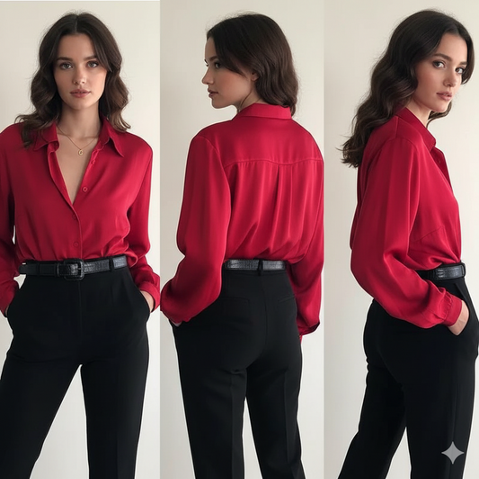 Model draagt blouse met turn-down kraag rood – kantoor look – Brunelle