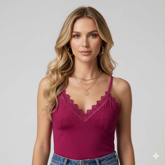 Close-up kantdetail v-hals tanktop dames rood – Brunelle