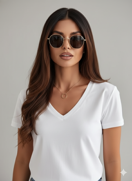 Close-up V-hals en stofdetail witte T-shirt dames wit – Brunelle