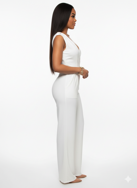 Zijaanzicht elegante jumpsuit wit – hoge taille