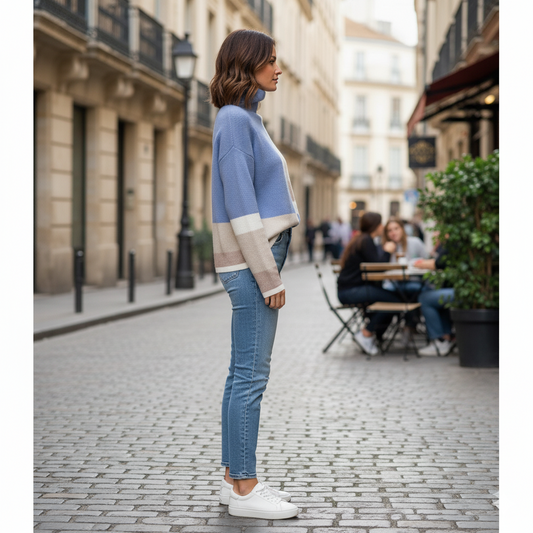 Model draagt contrast-kleur coltrui blauw – zijaanzicht met casual styling