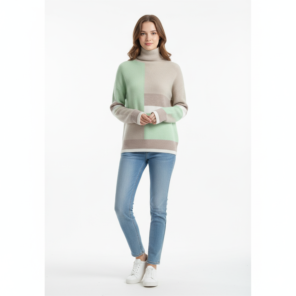 Vooraanzicht contrast-kleur coltrui groen met lange mouwen – Brunelle