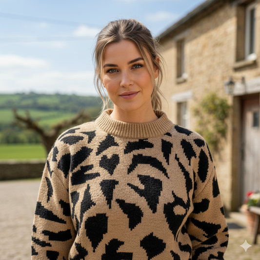 Close-up breisel en print detail trui luipaardprint khaki – ronde hals