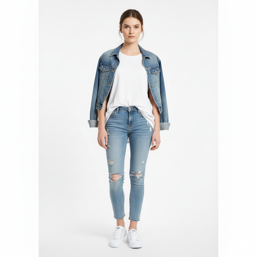 casual outfit met witte lage canvas sneakers Noor