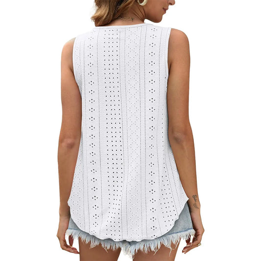 Dames mouwloze top met eyelet borduurwerk wit – achteraanzicht – Brunelle