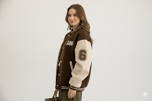 Varsity Bomber Jacket dames rouge-bruin – zijaanzicht links – Brunelle