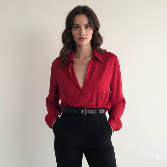 Dames blouse met turn-down kraag – vooraanzicht rood – Brunelle