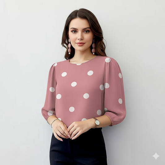 Gestipte dames blouse roze – vooraanzicht op model – Brunelle