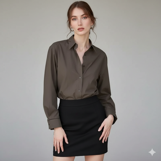 100% katoen blouse dames lange mouwen – vooraanzicht donkerbruin – Brunelle