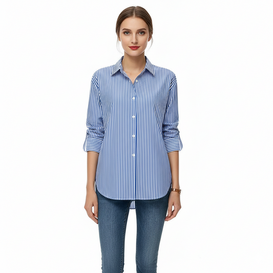 Dames blouse blauwe strepen – vooraanzicht – Brunelle