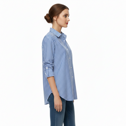 Dames blouse blauwe strepen – zijaanzicht rechts – Brunelle