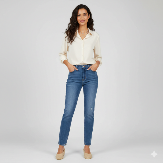 Dames chiffon blouse lange mouw wit – volledige outfit vooraanzicht – Brunelle