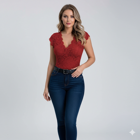 Kanten cardigan top dames rood – vooraanzicht – Brunelle