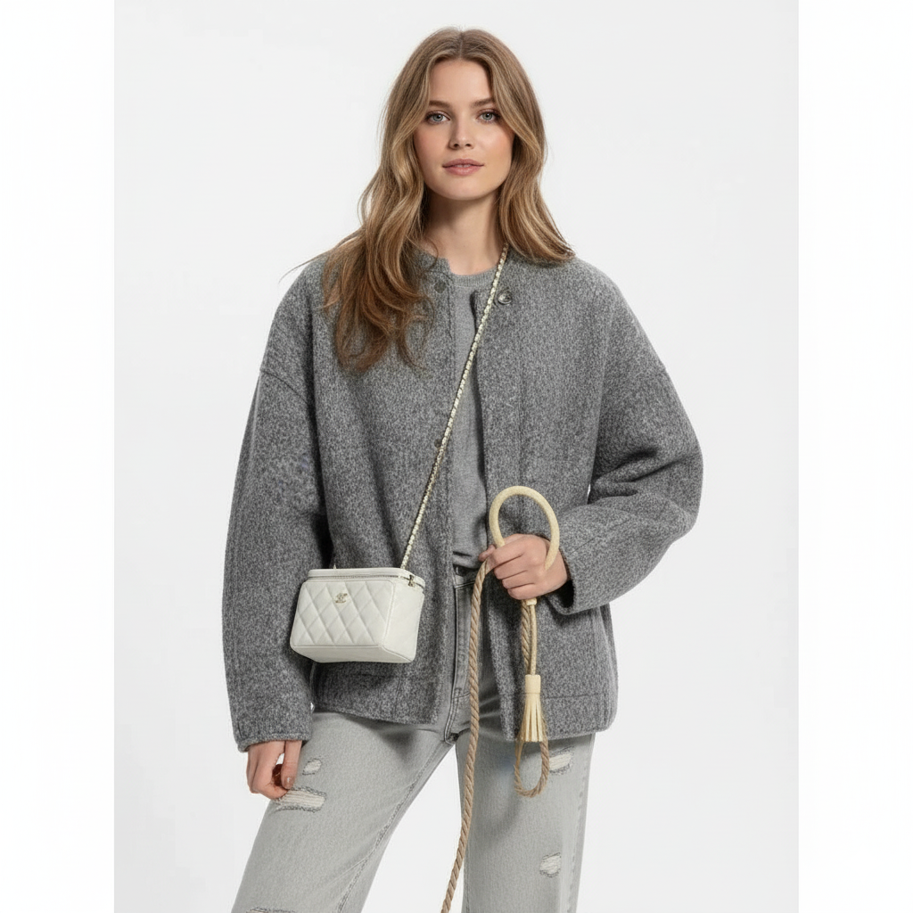 Voorzijde close up cropped blazer wolblend dames – ronde kraag – Brunelle