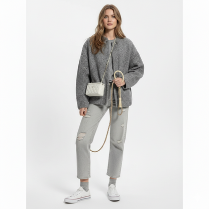 Voorzijde cropped blazer wolblend dames – ronde kraag – Brunelle