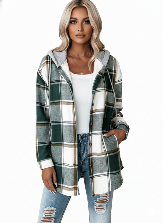 Hooded plaid blouse-shirt jas dames – vooraanzicht – Brunelle