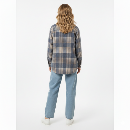 Dames padded plaid blouse-jas met fleece voering – achteraanzicht – blauw geruit - Brunelle
