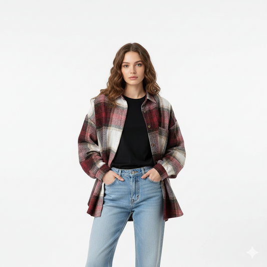 Dames wolblend ruitblouse – vooraanzicht - Close up wit/rood/zwart geruit – Brunelle