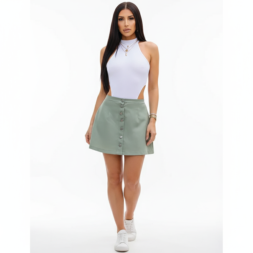 Halter jumpsuit wit gedragen door model – casual chic