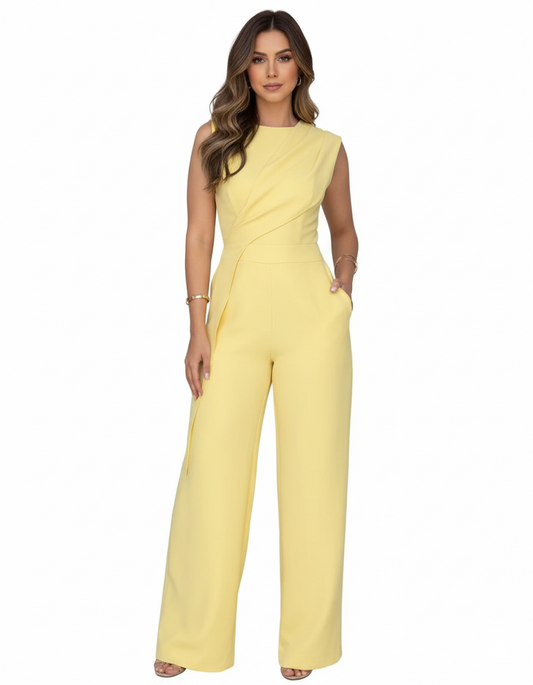 Vooraanzicht mouwloze dames jumpsuit met ruches – Brunelle
