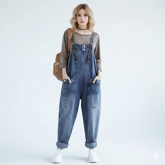 Vooraanzicht denim wide-leg jumpsuit voor dames – Brunelle