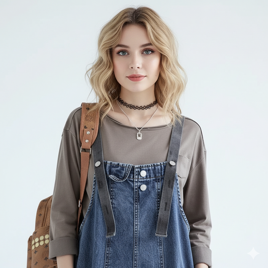 Close-up stof en zakdetail denim jumpsuit