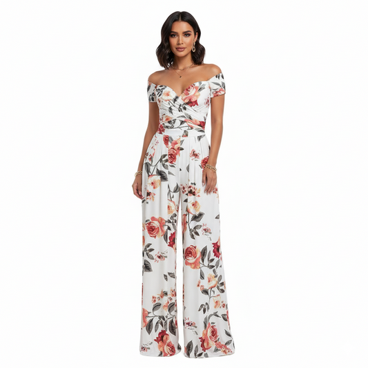 Vooraanzicht dames jumpsuit met one-shoulder design bloemen – Brunelle
