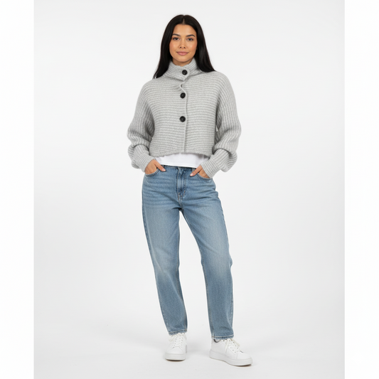 Vooraanzicht grijs gestreepte  cardigan met turtleneck – BRUNELLE