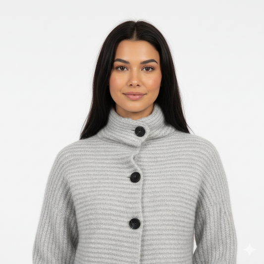 Detail breisel en rits/knopen van grijs gestreepte cardigan – close-up