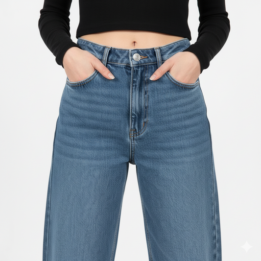 Close-up detail stof en steekzakken hoge-taille wide-leg jeans blauw