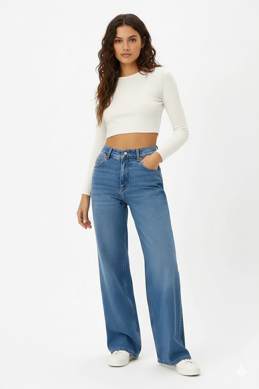 Wide-leg jeans gecombineerd met basic top en sneakers – casual look