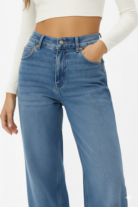 Close-up denim kwaliteit en steekzakken wide-leg jeans blauw – Brunelle