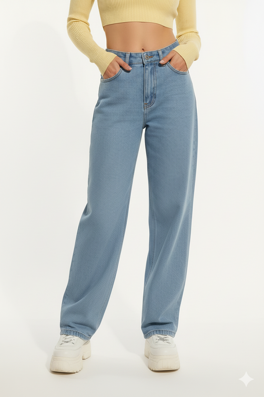 Close-up detail stretch denim en steekzakken wide-leg jeans Sophie