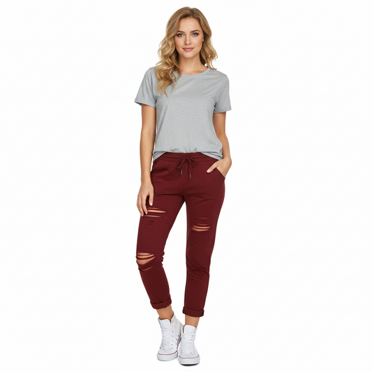Vooraanzicht high-waist skinny jeans rood dames – gescheurde knieën – Brunelle