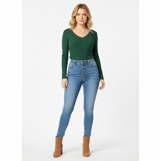 Stylingbeeld high waist skinny jeans lichtblauw dames gecombineerd met blazer en laarzen – Brunelle”