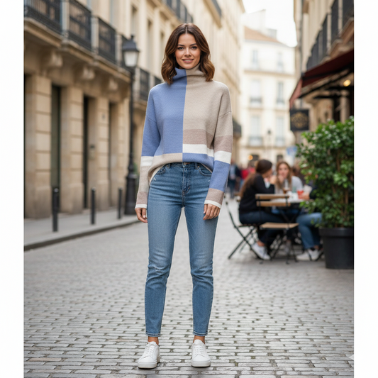 Vooraanzicht contrast-kleur coltrui blauw met lange mouwen – Brunelle