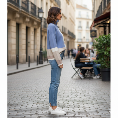 Model draagt contrast-kleur coltrui blauw – zijaanzicht met casual styling