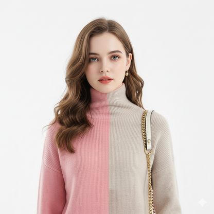 Close-up detail breisel en contrastkleur coltrui Roze – texture & finish