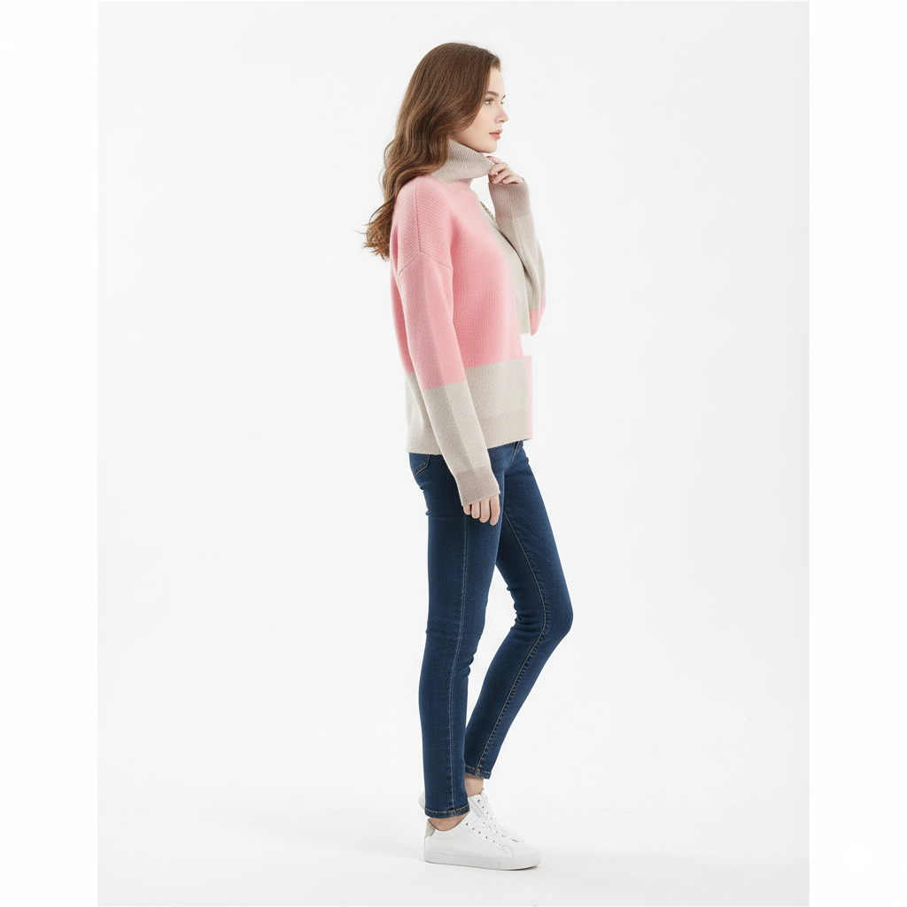 Model draagt contrast-kleur coltrui roze – zijaanzicht met casual styling