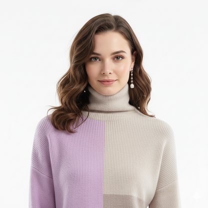 Close-up detail breisel en contrastkleur coltrui paars – texture & finish