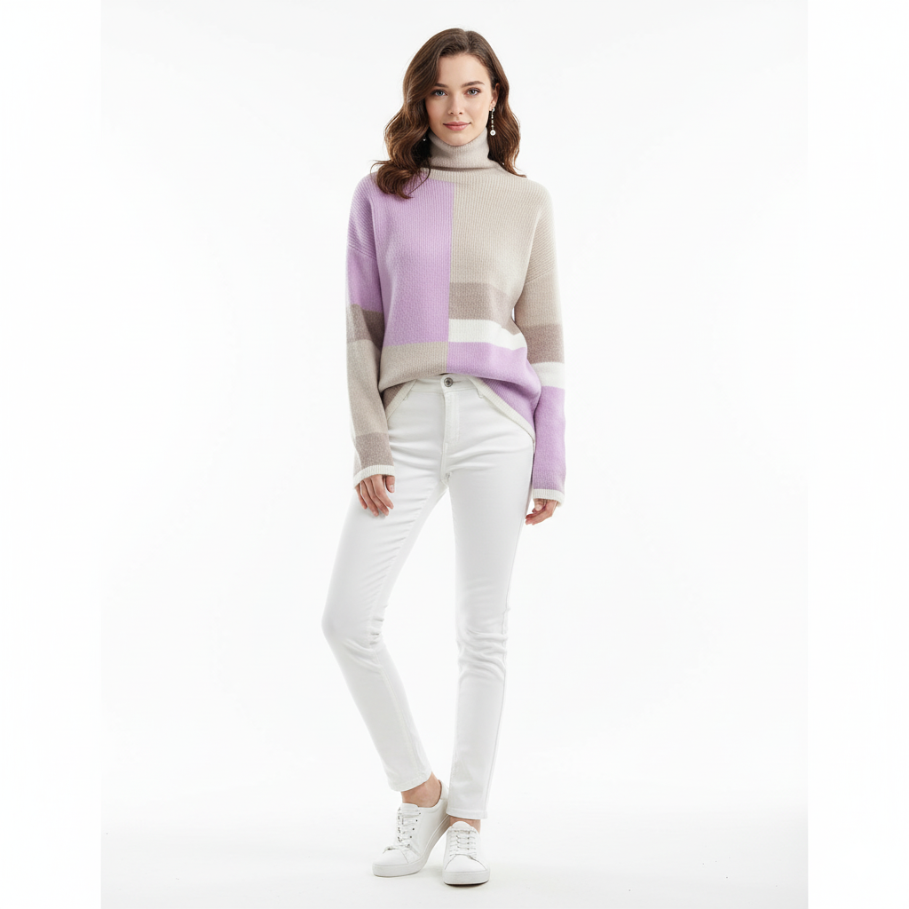 Vooraanzicht contrast-kleur coltrui paars met lange mouwen – Brunelle