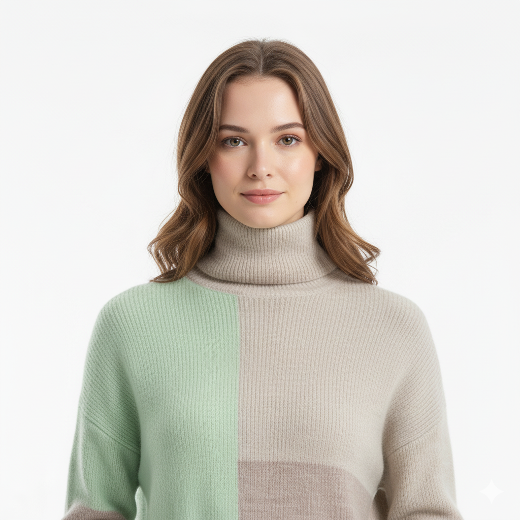 Close-up detail breisel en contrastkleur coltrui groen – texture & finish