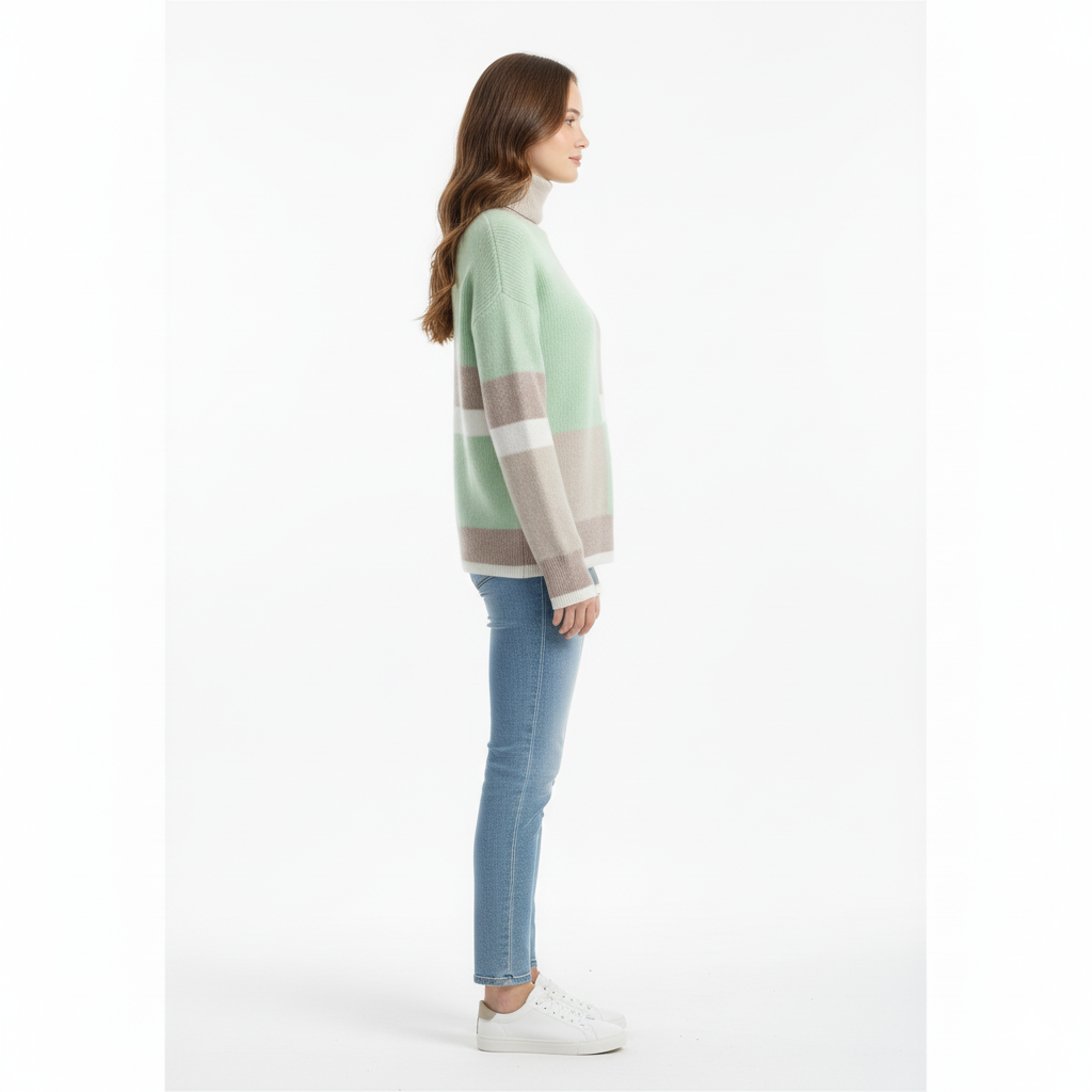 Model draagt contrast-kleur coltrui groen – zijaanzicht met casual styling