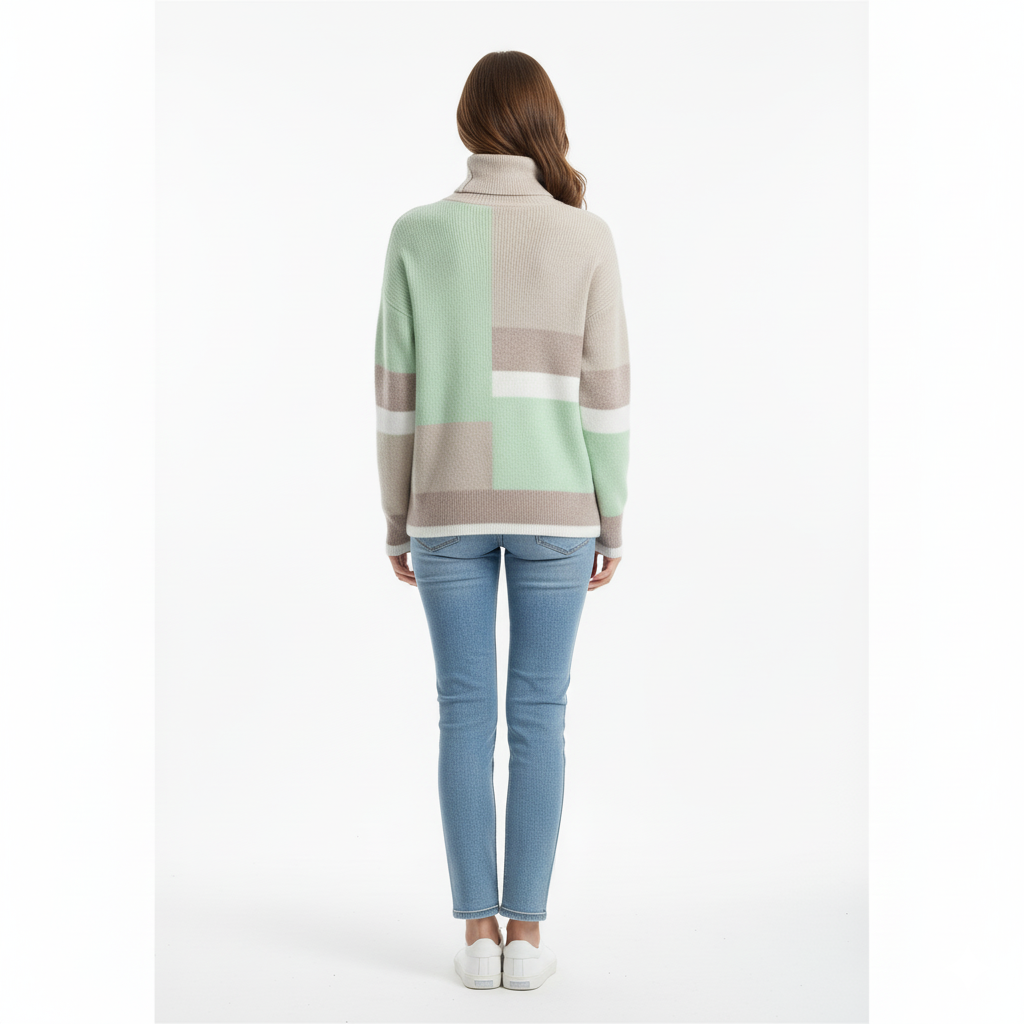 Achterkant contrast-kleur coltrui groen met lange mouwen – Brunelle