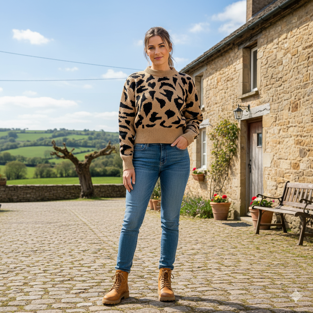 Stylingbeeld trui luipaardprint gecombineerd met jeans – casual look