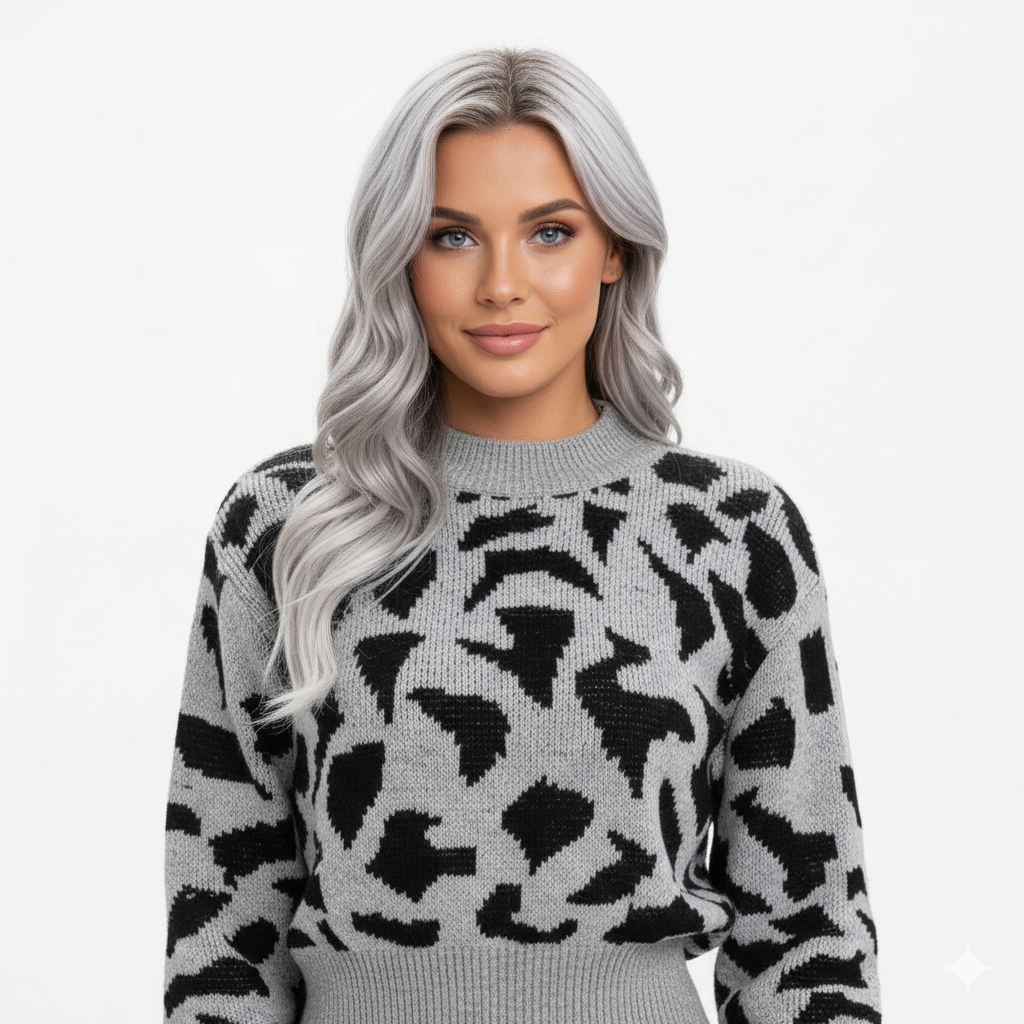 Close-up breisel en print detail trui luipaardprint grijs – ronde hals