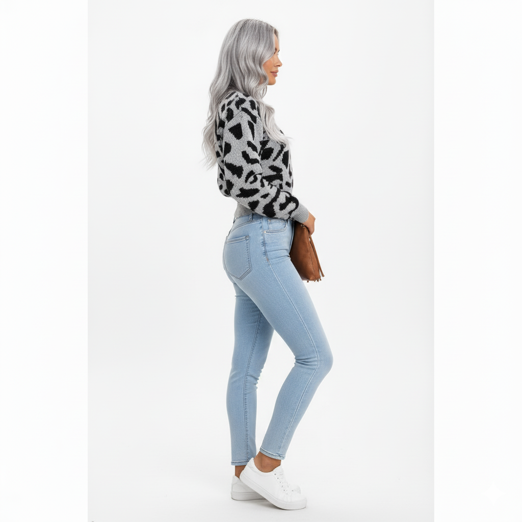 Model draagt luipaardprint trui met ronde hals grijs – zijaanzicht