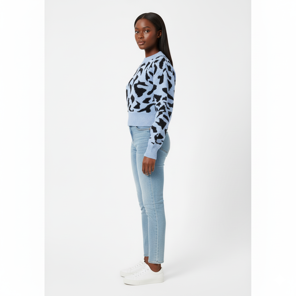 Model draagt luipaardprint trui met ronde hals blauw – zijaanzicht