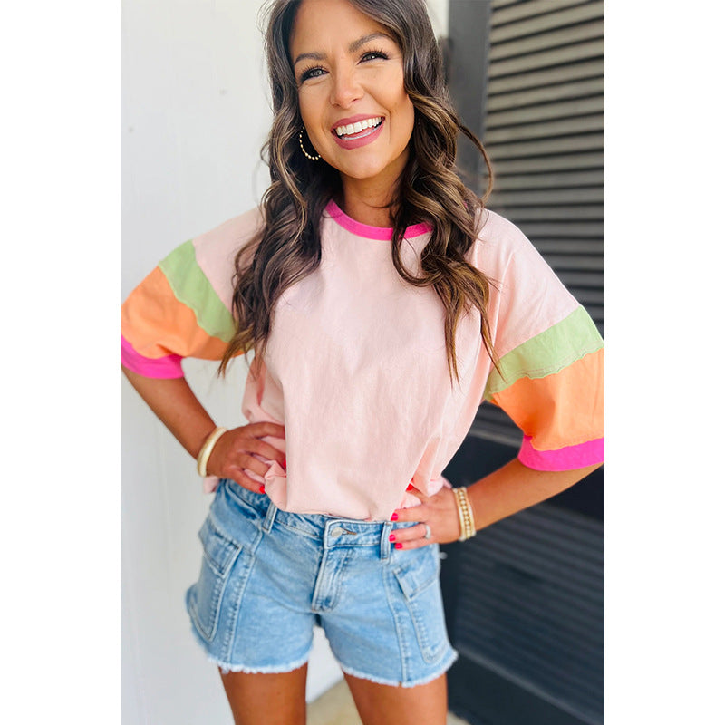 Losvallende dames top ronde hals roze – vooraanzicht – Brunelle