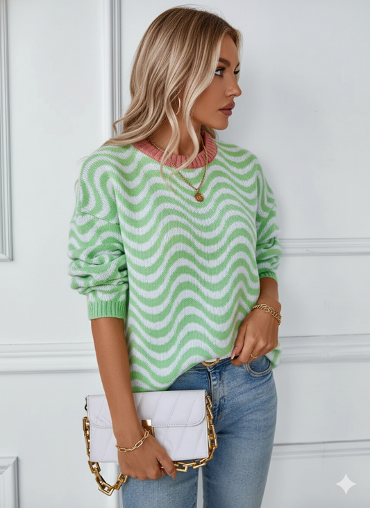 Zijaanzicht golvend gestreepte trui BRUNELLE met ronde hals